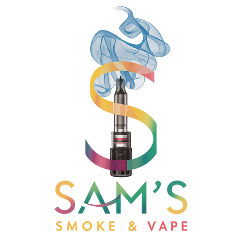 Colorful vape shop logo with stylized smoke swirling around a vaping device