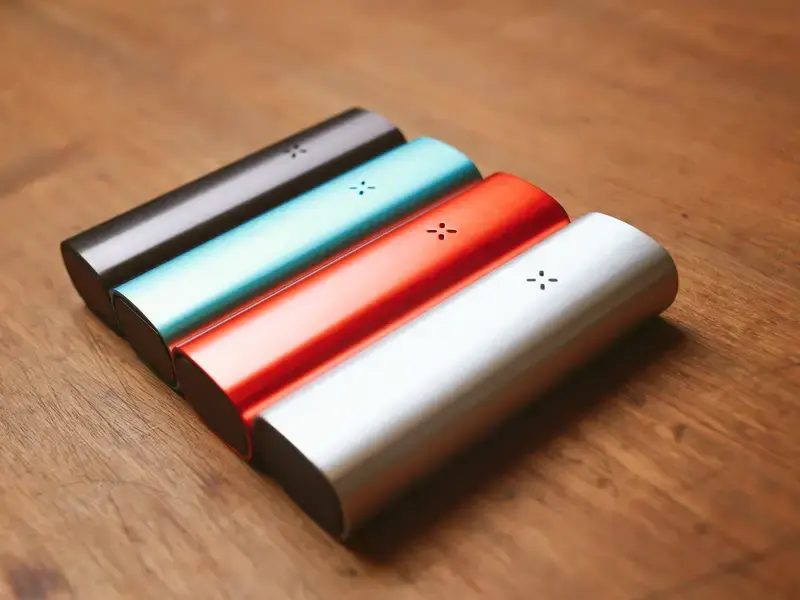 Four portable vaporizers in different colors on a wooden surface