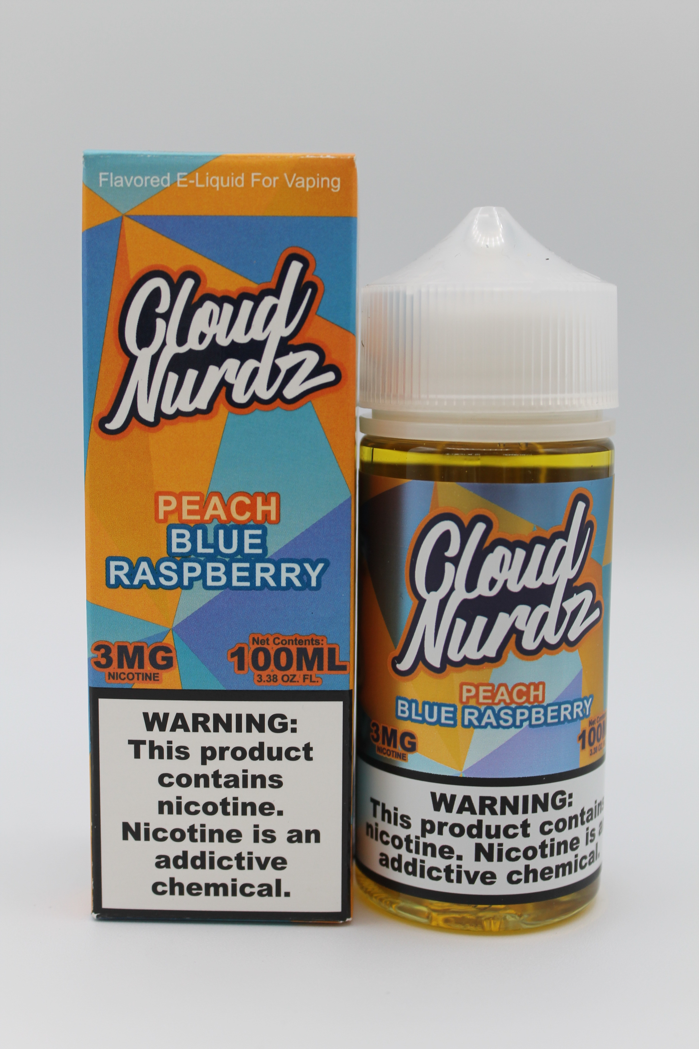 Cloud Nurdz Peach Blue Raspberry e-liquid vape juice bottle and box