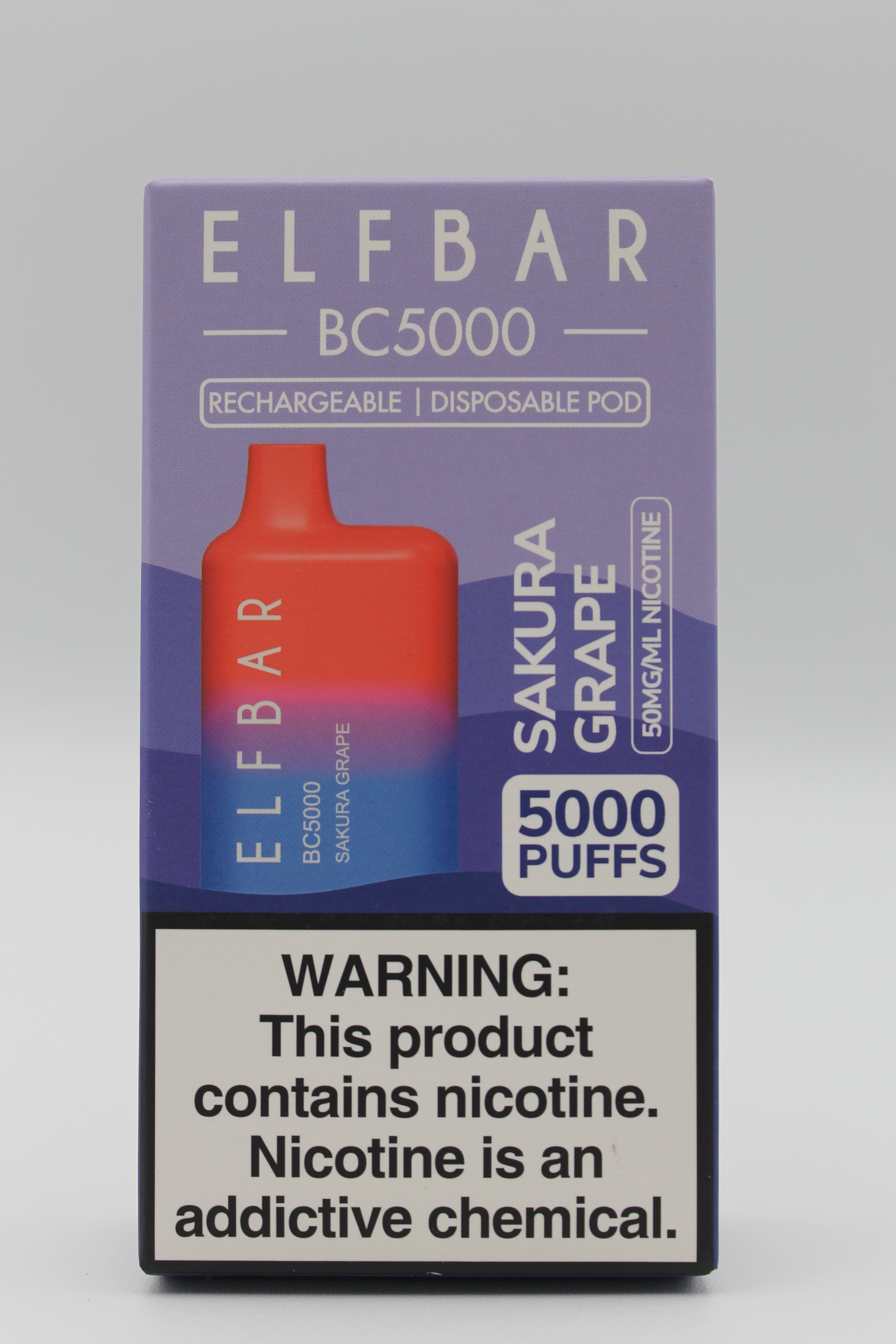 Elfbar BC5000 Sakura Grape disposable vape pod with warning label