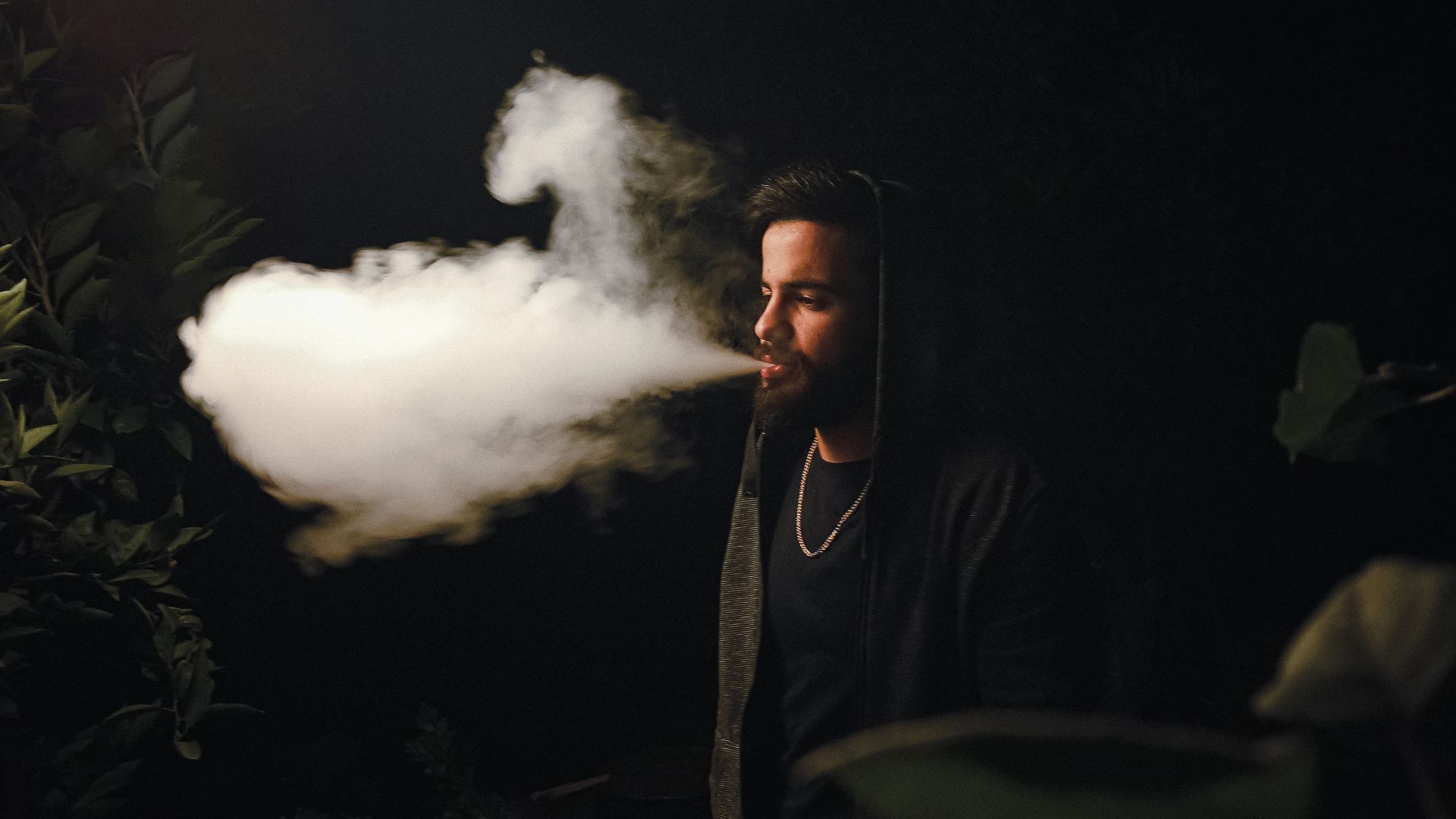 Person exhaling large cloud of vapor in dark, leafy background
