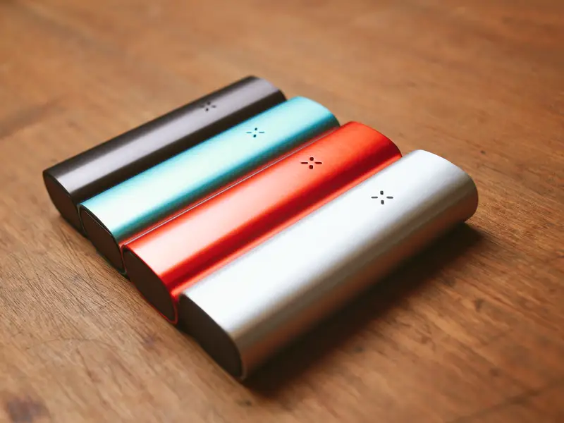 Four portable vaporizers in different colors on a wooden surface